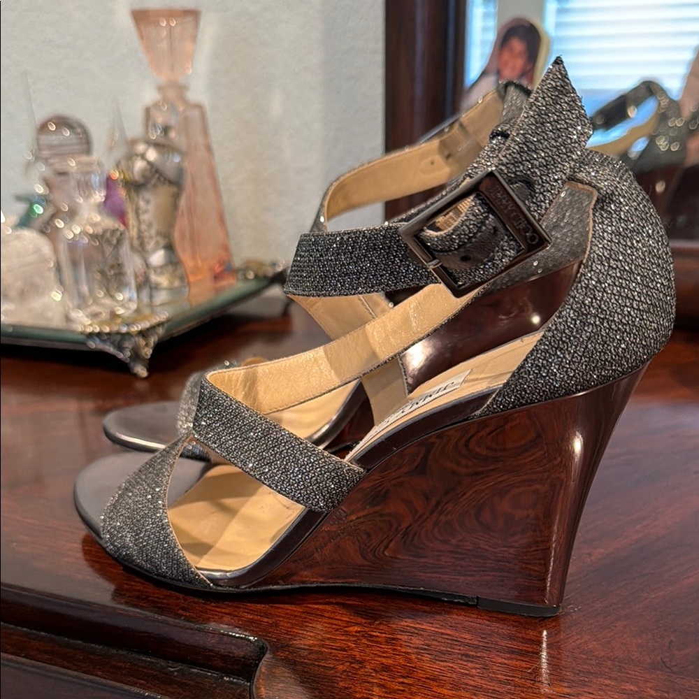 Jimmy Choo Gunmetal Glitter Crisscross Sandals - Picture 2 of 5